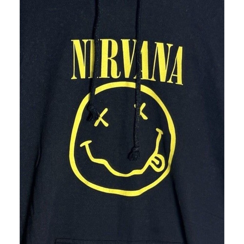 Nirvana Smiley Face Logo Mens XL Black Faded Grunge Cobain Hoodie Sweatshirt